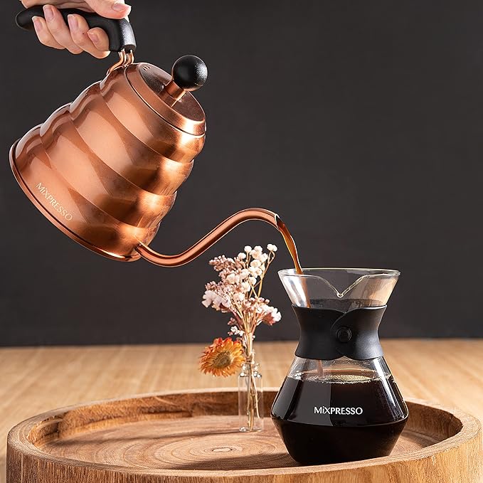 Mixpresso Gooseneck Pour Over Coffee Kettle, Barista Pour Control Design, High-Grade Stainless Steel 1.2 Liter Bundle With Bronze Stainless Steel Airtight Coffee Container with Date Tracker For Coffe