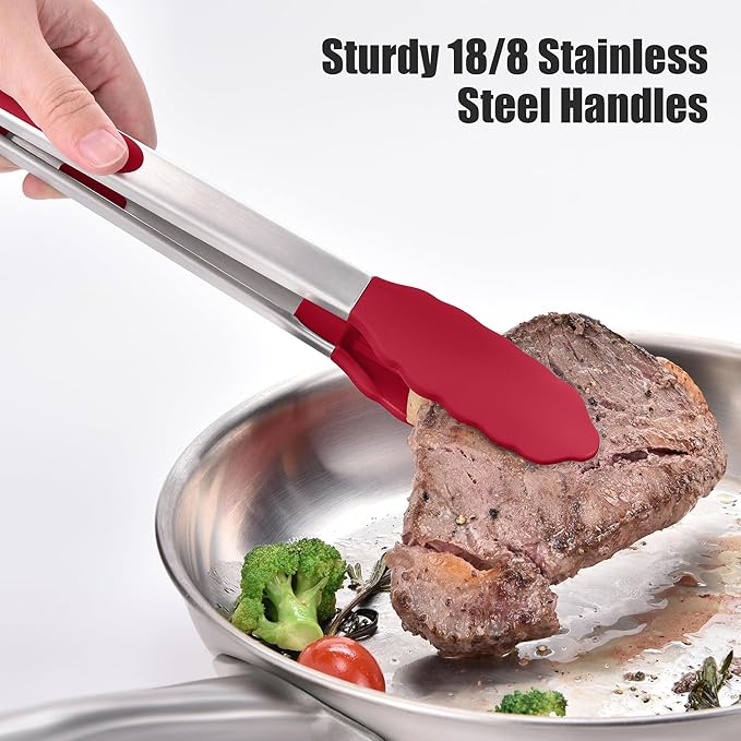 Doosu Kitchen Tongs for Cooking - 600°F Heat Resistant Food Tong Set with Non-Scratch Silicone Tips, Heavy Duty Stainless Steel Locking Tong for BBQ, Grilling Steak, Serving Salad (9+12in, Red)