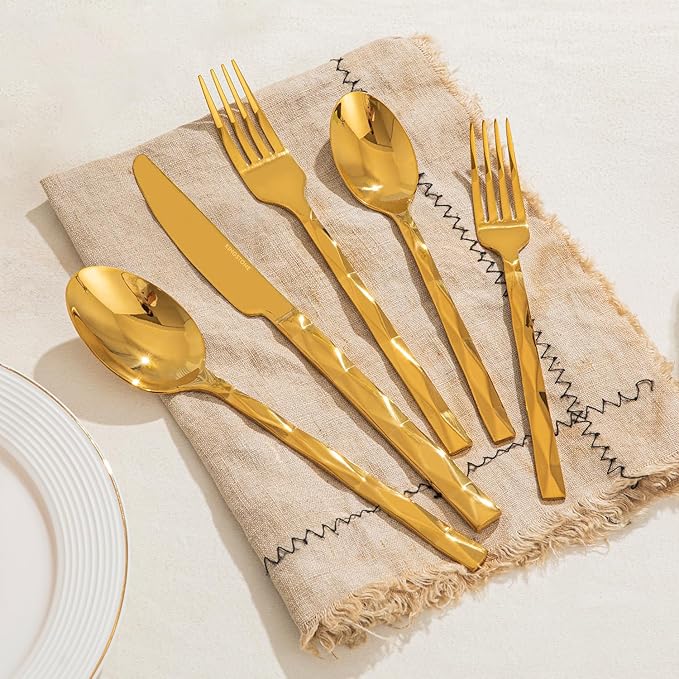 KINGSTONE Gold Silverware Set, Luxury 20 Piece Flatware Set for 4, 18/10 Stainless Steel Cutlery Set with Diamond Cut Pattern for Kitchen, Home, Wedding, Party, Mirror Polished and Dishwasher Safe
