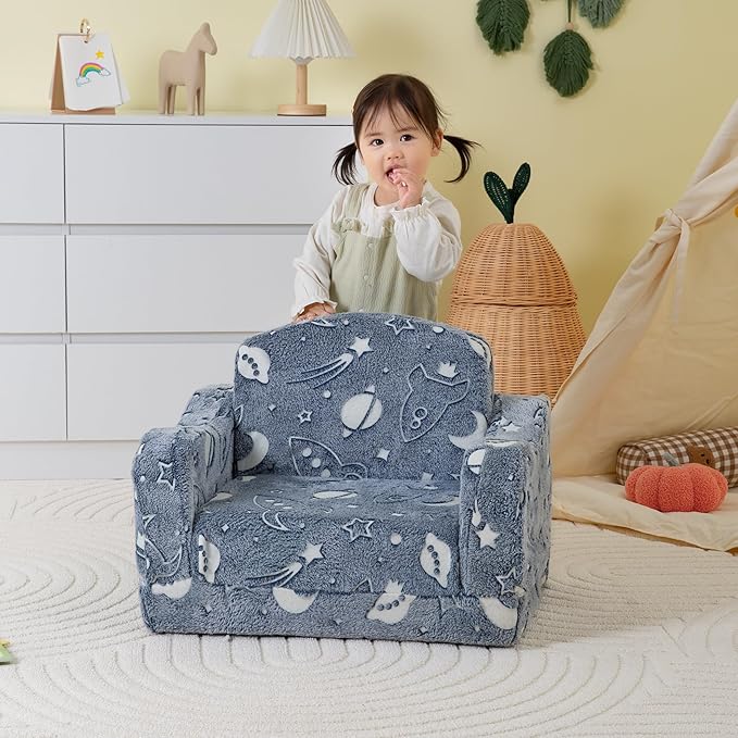 Thick Comfy Toddler Chair and Couch for Kids,2-in-1 Soft Plush Fold Out Sofa for Children,Convertible Couch to Lounger for Toddler