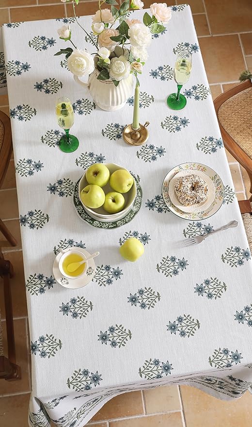 ISAENNE Designer White Linen Extra Long Rectangle Tablecloth,Chinoiserie Floral Elegant Indoor Table Cloth,Fall Stain Proof Decor Tablecloths for Dining Thanksgiving Kitchen,63"*110"-Mosella F