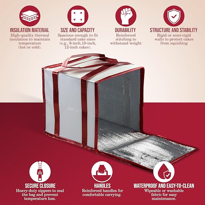 Cakebon Cake Box and Boards, 8-Inch Round Gold Smooth Edges 1/2- Inch Thick Drums with Insulated Bag and Ice Pack – Cake Transport Set, Cooler for Cake Delivery and Transport (1pc Each, 4pcs Total)