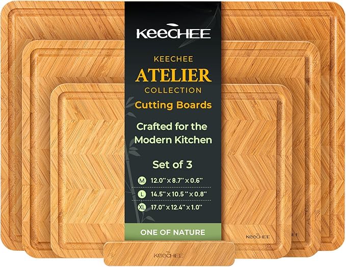 Atelier Collection Bamboo Cutting Board Set of 3, Reversible Boards for Kitchen with Juice Grooves, Handcrafted Luxury Cutting Boards, Large Wood Chopping Board for Cooking and Serving