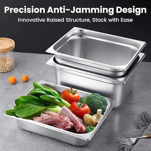 1/3 Hotel Pans 4 Inch Deep Stainless Steel Food Pan - Anti-Jam 6 Pack Steam Table Pan Set for Catering, Buffet Use, Kitchen Prep