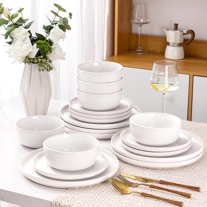 AmorArc Stoneware Dinnerware Sets,Round Reactive Ceramic Plates and Bowls Set,Highly Scrath Resistant | Dishwasher & Microwave Safe Dishes Set,Service for 4 (12pc)-White