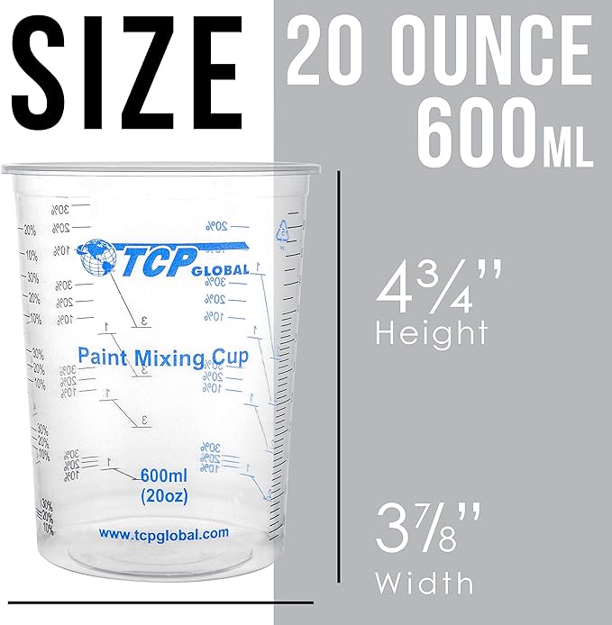 TCP Global 20 oz. (600ml) Graduated Plastic Mixing Cups - Box of 50 with 50 Mixing Sticks - Disposable Plastic Measuring Cups for Liquids, Paints, Resin, Epoxy, Art, Kitchen - Ratios 2-1, 3-1, 4-1 ML