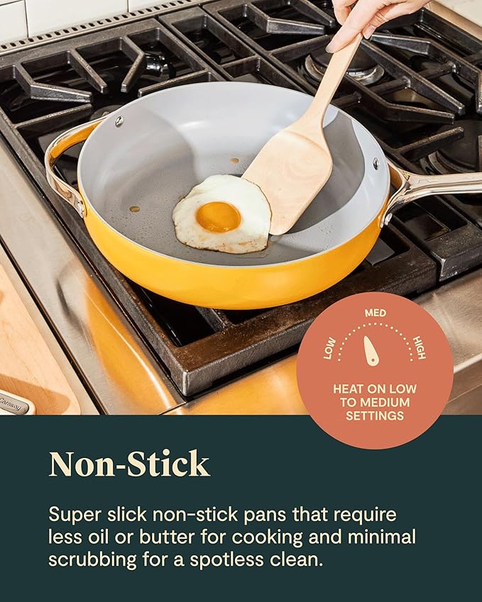 Caraway Deluxe Non-stick Ceramic Cookware Set (16 Piece) Pots, Frying Pans, Lids and Kitchen Storage - PFAS & PFOA Free - Oven Safe Pan Set & Compatible with All Stovetops - Marigold