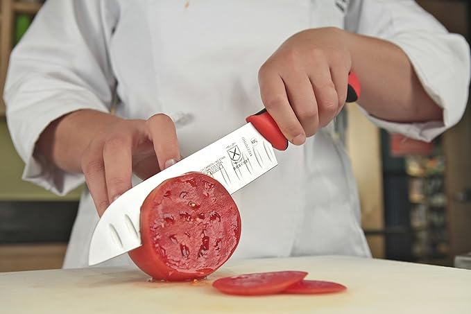 Mercer Culinary Millennia Colors Santoku Knife, 7-Inch Granton Edge, Red
