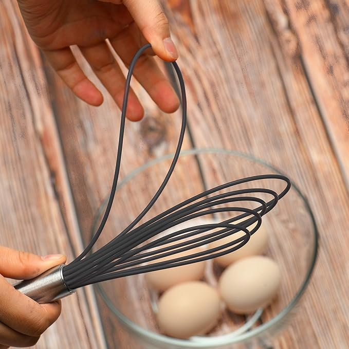 Flat Whisks Stainless Steel,3 Pack 10''+11''+12'' Set Premium Sturdy-6 Silicone Heads Non Stick Wires Whisk for Blending Beating Stirring Kitchen Cooking Color Grey by Jell-Cell