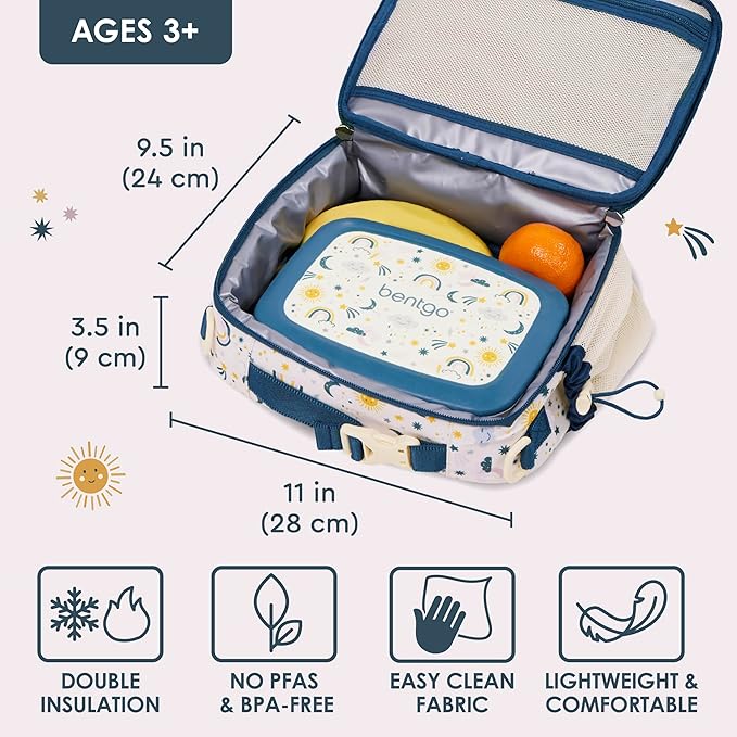 Bentgo Kids Lunch Bag - Durable, Double-Insulated Lunch Bag for Kids 3+; Holds Lunch Box, Water Bottle, & Snacks; Easy-Clean Water-Resistant Fabric & Multiple Zippered Pockets (Friendly Skies)
