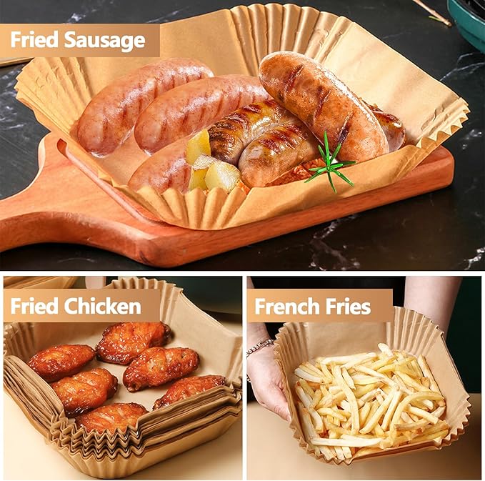 9 Inch Air Fryer Paper Liner Disposable, 200PCS Non-Stick, Oil-Proof & High-Temperature Resistant Square Baking Parchment Paper for Air Fryer, Microwave and Oven（Bottom Is 8 Inch）