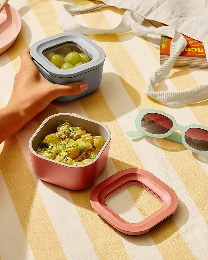 Caraway 6pc Food Storage Container Set - 1.75 Cup Glass Storage Container for Food (6) - Non-Toxic Ceramic-Coated Glass - Air Release Technology - Compact & Stackable Design - Gray