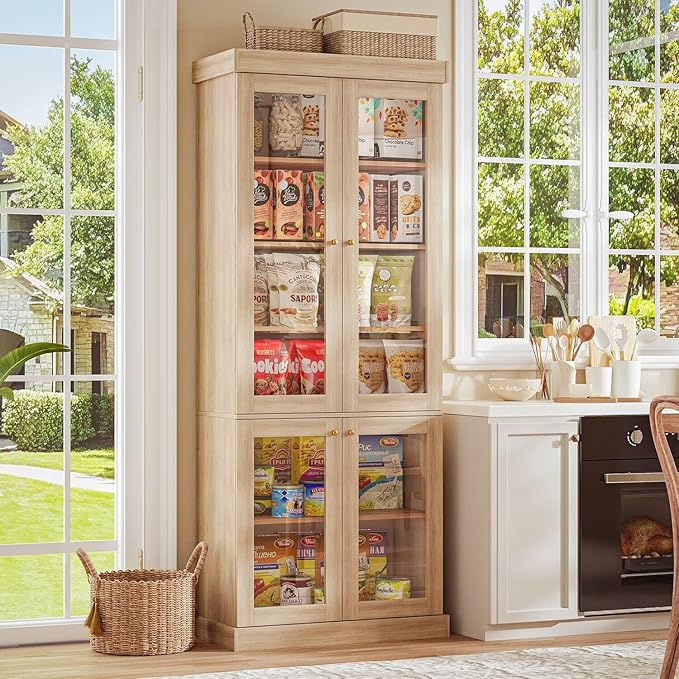 70.8" Tall Farmhouse Bookshelf with Glass Doors, Modular Bookcase with 6-Tier Adjustable Shelves, Large Storage Cabinet for Kitchen, Living Room, Brown, Set of 2