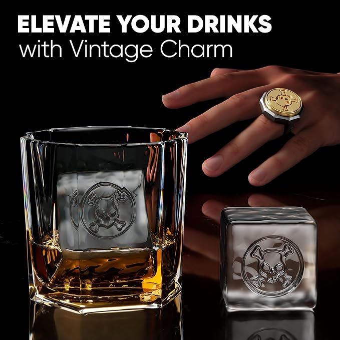 Berlinzo Ice Stamp Ring for Cube & Sphere - Custom Ice Cubes for Whiskey, Mojito Cocktails – Skull shaped Brass Ice Stamp Skull/ 3mm Depth - Black