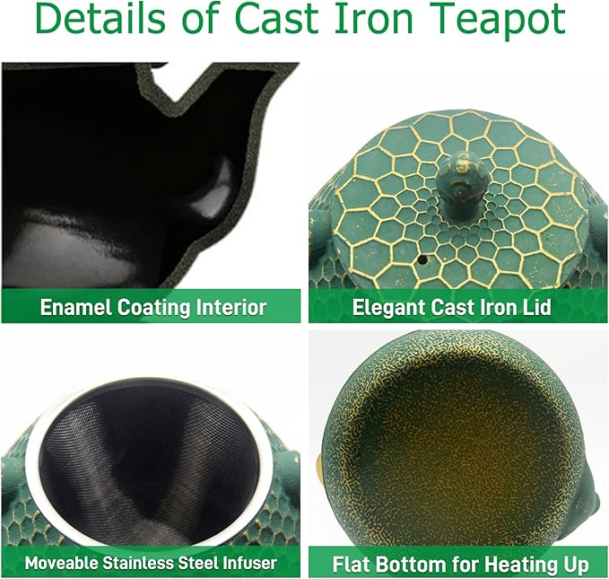 YJX Cast Iron Teapot and Tea Cups Set, 33.8oz Hexagon Pattern Tea Set with Cups and Cup Mats, Enameled Tea Kettle for Stovetop, Durable Tea Pot Set with Stainless Steel Infuser for Loose Leaf