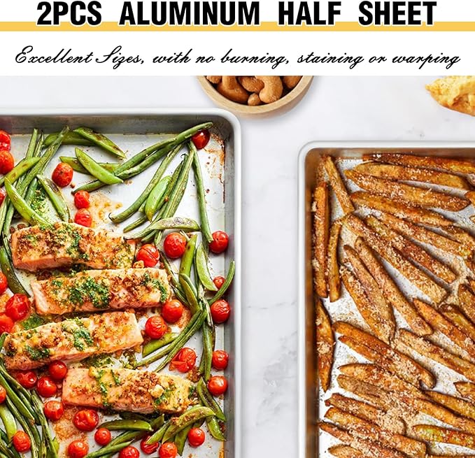 Commercial Quality Baking Sheet Pan Set, Natural Aluminum Cookie Sheet, Umite Chef Warp Resistant Baker's Half Sheet Pan, Large Thick Cookie Tray Pans for Baking, Roasting(2 Pack, 18X13In)
