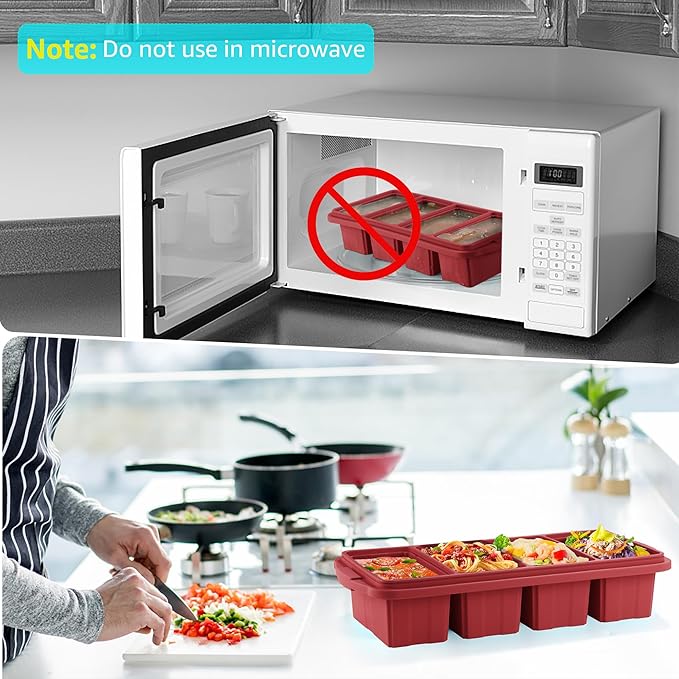 Silicone Freezer Tray With Lid - Silicone Freezer Food Molds- Large Ice Cube Tray,Silicone Freezer Container,Freeze & Store Soup, Sauce, Broth,Leftovers - Makes 4 Perfect 1 Cup