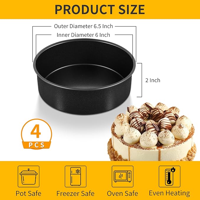 P&P CHEF Non-stick Cake Pan Set of 4, 6 Inch Round Baking Cake Pans Tins for Tier Smash Cakes, Non-Toxic & Solid, Stainless Steel Core & Leak-Proof, 4Pcs