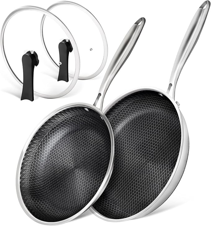 MICHELANGELO Stainless Steel Frying Pan Set with Lids, 8 & 10 Inch Frying Pans Nonstick, Stainless Steel Fry Pan Set, Honeycomb Pans for Cooking, Skillet with Lid - Induction Compatible
