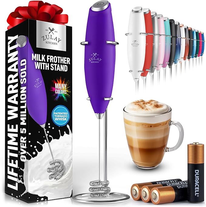 Zulay Kitchen Tornado Whisk Milk Frother with 4 AA Duracell Batteries - Triple Whisk for More Power - Handheld Coffee Frother with Stand - Drink Mixer for Lattes, Matcha & Protein Shakes