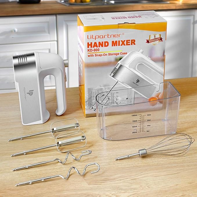 Hand Mixer Electric, 450W Kitchen Mixers with Scale Cup Storage Case, Turbo Boost/Self-Control Speed + 5 Speed + Eject Button + 5 Stainless Steel Accessories, For Easy Whipping Dough,Cream,Cake