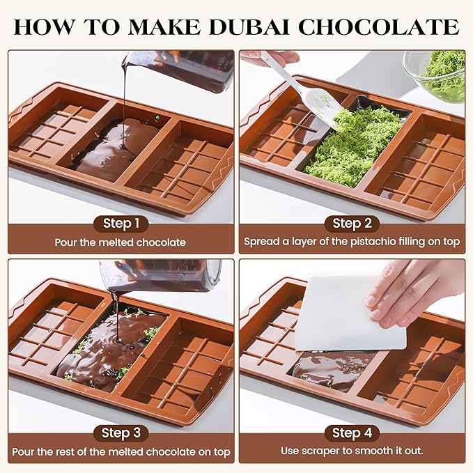 2 Pcs Dubai Chocolate Bar Mold Deep Stuffed Silicone Molds for Filling Knafeh Pistachio Chocolate Bar Large Thick Candy Bar Molds Break Apart (10 Snap）