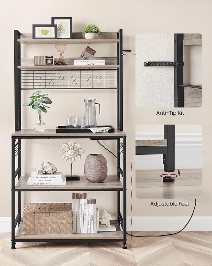 VASAGLE Hutch Bakers Rack with Power Outlet, 14 Hooks Microwave Stand, Adjustable Coffee Bar with Metal Wire Panel, Kitchen Storage Shelf, 15.7 x 31.5 x 66.9 Inches, Greige and Black UKKS025B02