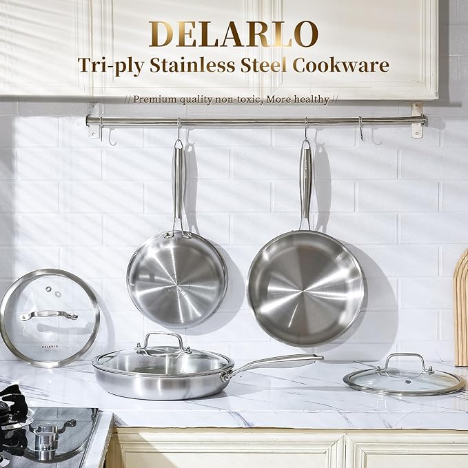 DELARLO Tri-ply Stainless Steel Frying Pan Set with Lid 8"10"12" Induction large Skillets Chef's Pan,Pots and Pans Set Kitchen Cookware Set Suitable for All Stove