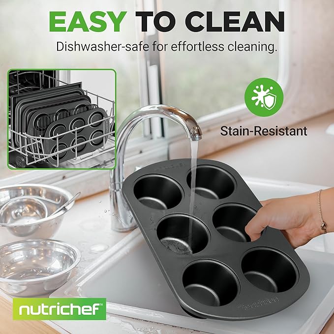 NutriChef 6-Piece Toaster Oven Bakeware Set, Compact Non-Stick Stackable Baking Pan Set with Muffin Pans, Roasting Tray & Baking Sheets, Durable Stain-Resistant Carbon Steel Design for Toaster Ovens