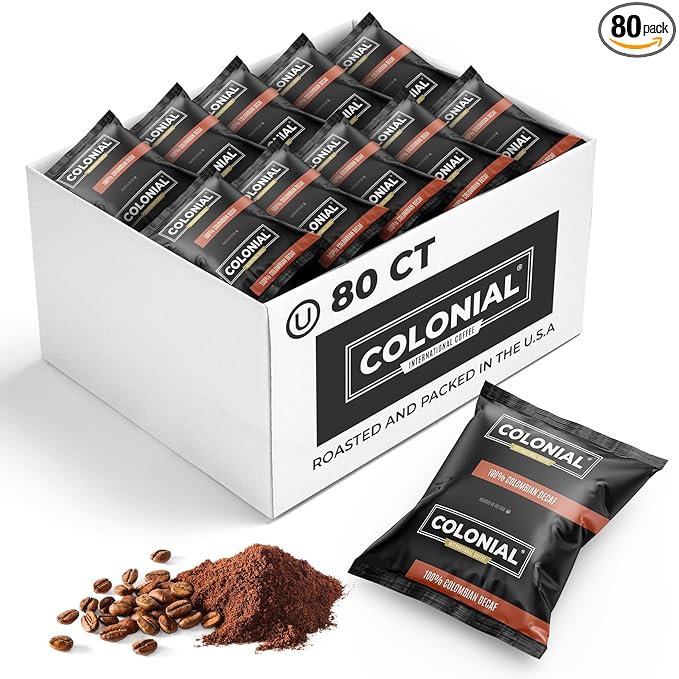 Colonial Coffee 80 Count Single Pot Coffee Packets – 100% Arabica Decaf Colombian Medium Roast | Pre-Measured Frac Packs for 12 Cup Maker | Bulk Ground Gourmet Coffee for Home & Office