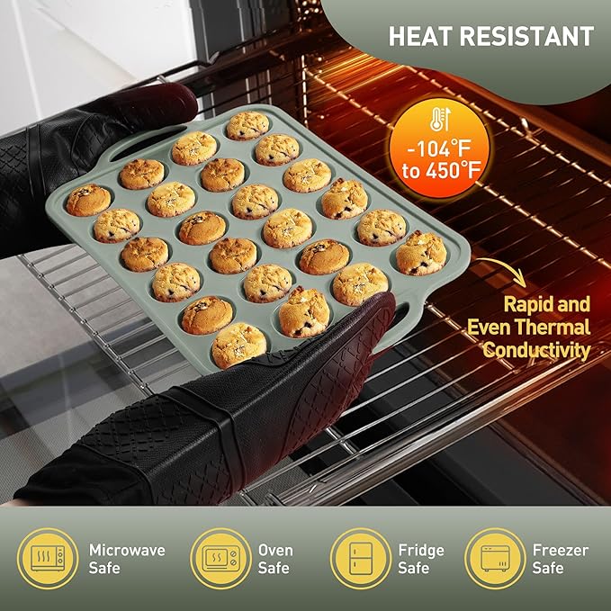 24 Cups Silicone Muffin Pan with Metal Reinforced Frame Mini Size Cupcake Pan Tray Egg Bites Silicone Circle Cookie Molds Little Small Muffin Tin Tart Pans Baking Sheet Set for Sandwiches