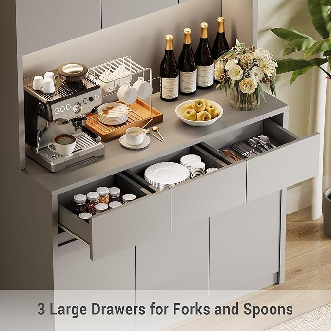 Garvee Kitchen Pantry Cabinet,71 in Tall Storage Cabinet with Doors&Shelves Adjustable, Kitchen Storage Hutch with Microwave Shelf, Led Lights&Charging Station,Corner Pantry Cabinet