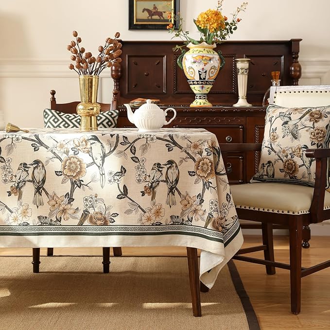 ISAENNE Designer Vintage Linen Extra Long Tablecloth Rectangle,Floral and Bird Pattern Elegant Table Cloth,Fall Wrinkle Resistant Decor Tablecloths for Dining Kitchen Christmas,67"*118"-Murad A