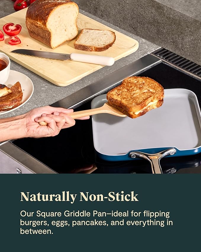 Caraway Square Griddle Pan - 11” Square Pan - Non-Stick Ceramic Coated - Non Toxic, PTFE & PFOA Free - Oven Safe & Compatible with All Stovetops - White