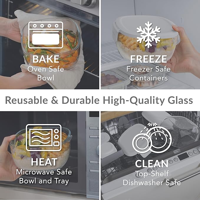Bentgo Glass All-in-One Salad Container - Large 61-oz Salad Bowl with Lid, 4-Compartment Bento-Style Tray, 3-oz Sauce Container, and Reusable Fork - Dishwasher, Microwave, and Oven Safe (White)