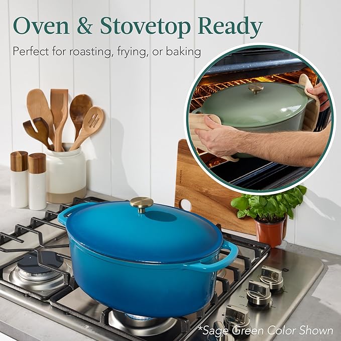 Best Choice Products Oval 7.5 Quart Enamel Cast-Iron Dutch Oven, Heavy-Duty Pre-Seasoned for Baking, Cooking w/Side Handles – Blue