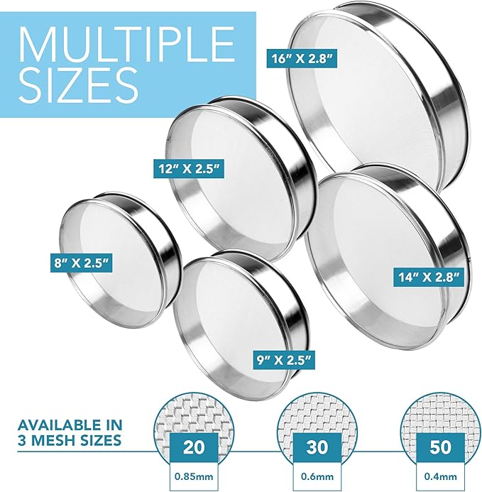 Stainless Steel Flour Sifter Fine Mesh Round Flour Sieve for Baking 9.5" Diameter x 2.5" High; 30 Mesh (Hole Size 0.6mm)