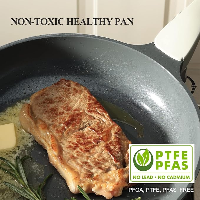 PRICUSIS Nonstick Ceramic Frying Pan with Lid, Non Toxic Skillet, Healthy Egg Pan Nonstick Omelet Pan Chef's Pan, PTFE PFOA & PFAS Free, Induction Compatible (8Inch W/L)