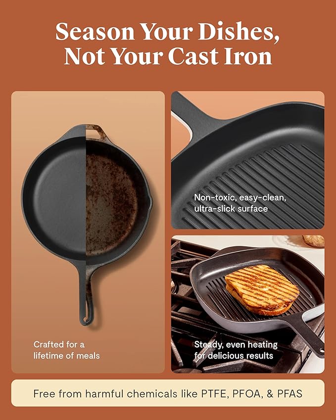 Caraway Enameled Cast Iron Grill Pan - 10.5” Grill Pan for Stovetop Cooking - 3 Layer Enamel Coating - No Seasoning Required - Compatible With All Stovetops - Free From Forever Chemicals - Rust