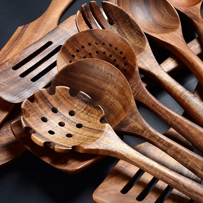 12 Pack Wooden Spoons for Cooking - Natural Teak Kitchen Utensils Set with Spatulas