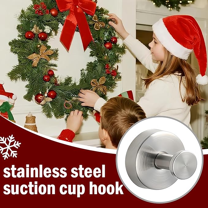 Suction Cup Hooks for Wreaths on Glass, 2026 Upgrade No Drill Towel Hooks Stainless Steel Waterproof Suction Cup Hooks, Wreath Hanger for Front Door for Kitchen, Bedroom (2, White)