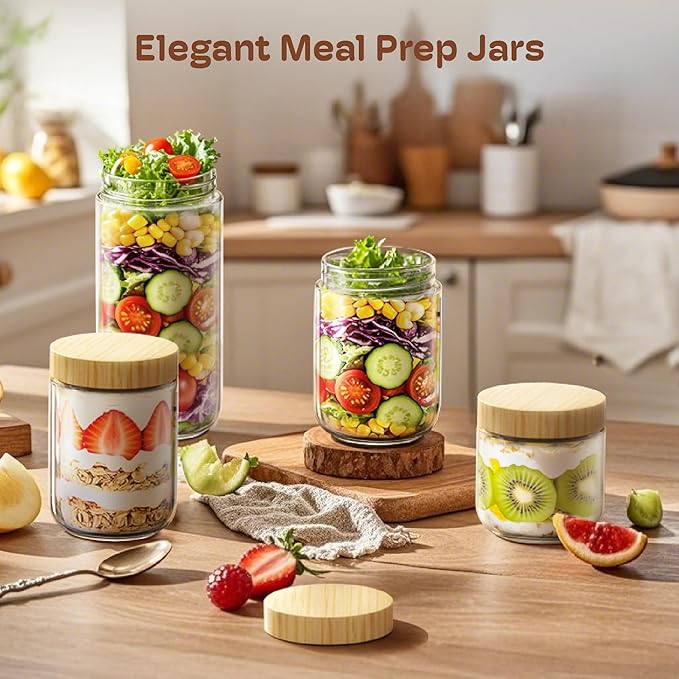 2 pack 10oz Overnight Oats Containers with Bamboo Lids, Glass Jars with Airtight Lids for Meal Prep, Wide Mouth Mason Salad Jars, Glass Food Storage Container for Yogurt Chia Snacks Spice Sugar