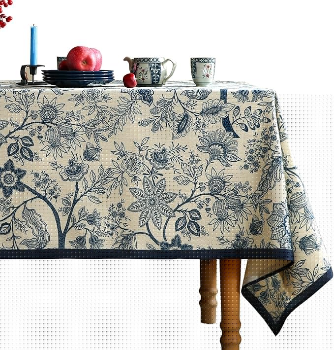 ISAENNE Designer French Linen Small Square Tablecloth,Blue Floral Washable Indoor Table Cloth,Durable Home Decor Tablecloths for Dining Thanksgiving Kitchen Tea Party Christmas,55"*55"-Ruyi B