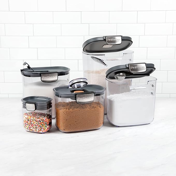 ProKeeper+ 9-Piece Airtight Food Storage Container Set – Clear Plastic Flour and Sugar Canister Set with Magnetic Accessories for Kitchen Organization (Grey, 9-Piece)