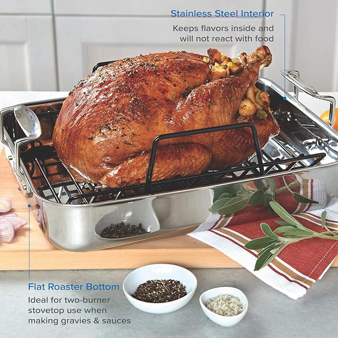 Viking 3-Ply Stainless Steel Roasting Pan with Non Stick Rack, 16 x 13 Inch Kitchen Cookware, Great for Turkey, Dishwasher and Oven Safe, Induction Ready, Silver
