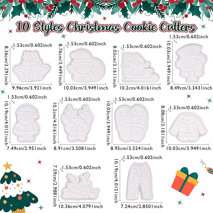 Flycalf Christmas Cookie Cutters Pajamas Set of 4 with Plunger Stamps Holiday PLA Baking Accessories Cutter Molds Gifts Decorative Party 3.5" Kitchen Cake Supplies