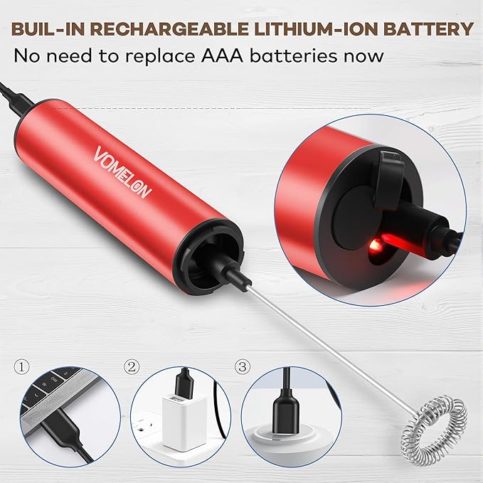 Milk Frother, Rechargeable Battery Operated Frother for Coffee,Portable Drink Mixer with 2 Stainless Steel Whisk Heads,Milk Foamer for Keto Coffee, Latte, Cappuccino, Hot Chocolate,Rube Red
