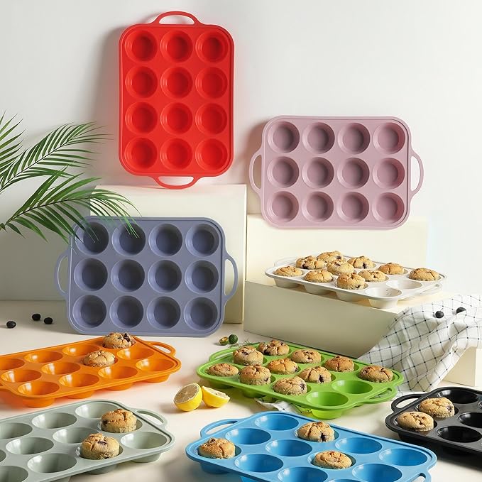 2 Packs 12 Cups Silicone Muffin Pan with Metal Reinforced Frame Regular Size Cupcake Pan Tray Egg Bites Silicone Cookie Molds Muffin Tin Tart Pans Baking Set for Easter Christmas holiday Cookie