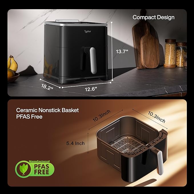 Typhur 8QT Sync Air Fryer with Built-in Wireless Meat Thermometer, 9-in-1 Smart Non Toxic Ceramic Airfryer for Quick Easy Meals, 450°F Max, Cooks 6lb Whole Chicken, Dishwasher Safe, 120V