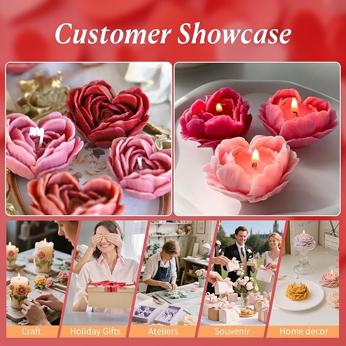 2Pcs Heart Flower Candle Wax molds Silicone Shapes for Candle Making Valentine Day Large Flower Candle Making Valentine Silicone Wax Mold for Candles moldes de silicona para velas